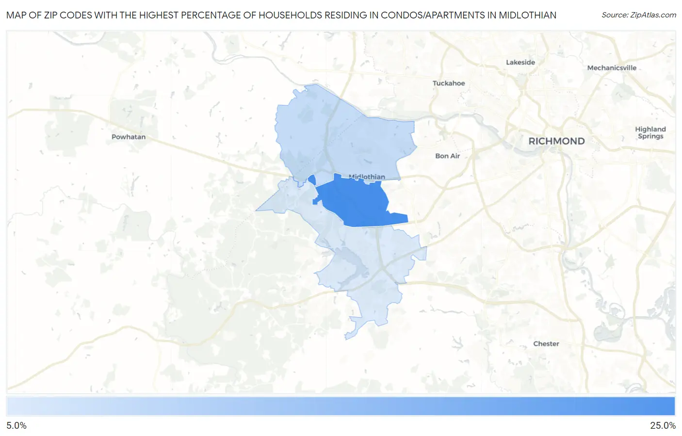 Zip Codes with the Highest Percentage of Households Residing in Condos/Apartments in Midlothian Map