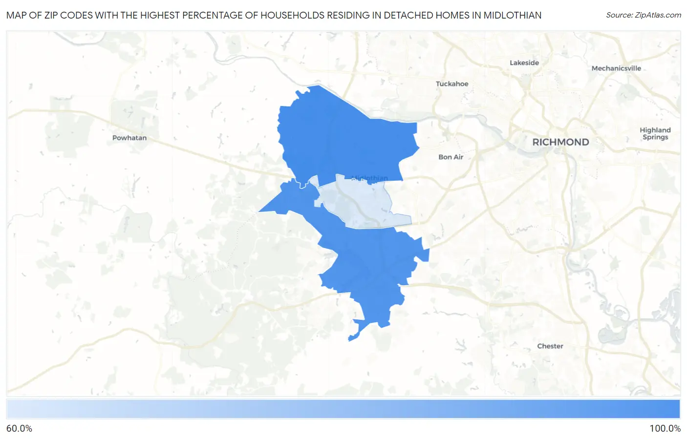 Zip Codes with the Highest Percentage of Households Residing in Detached Homes in Midlothian Map
