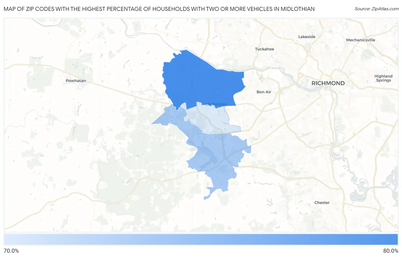 Zip Codes with the Highest Percentage of Households With Two or more Vehicles in Midlothian Map