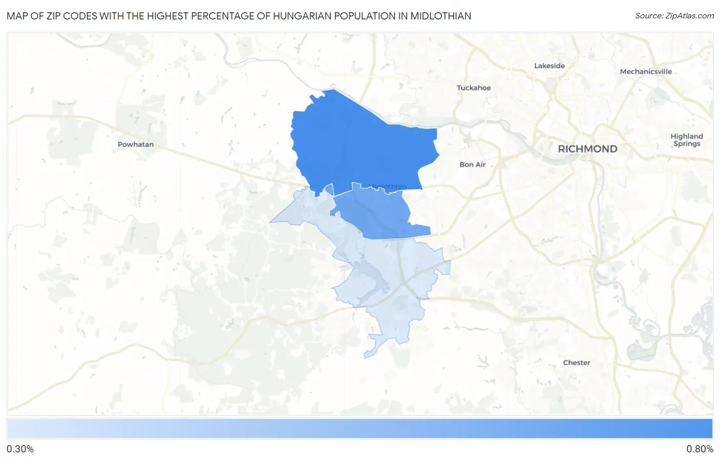 Zip Codes with the Highest Percentage of Hungarian Population in Midlothian Map