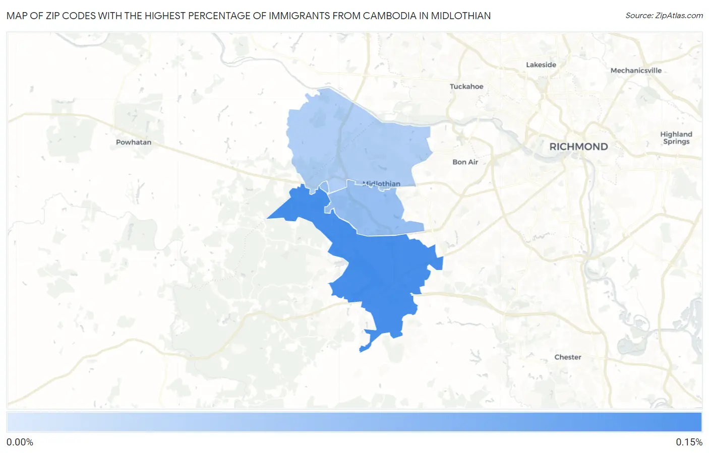 Zip Codes with the Highest Percentage of Immigrants from Cambodia in Midlothian Map