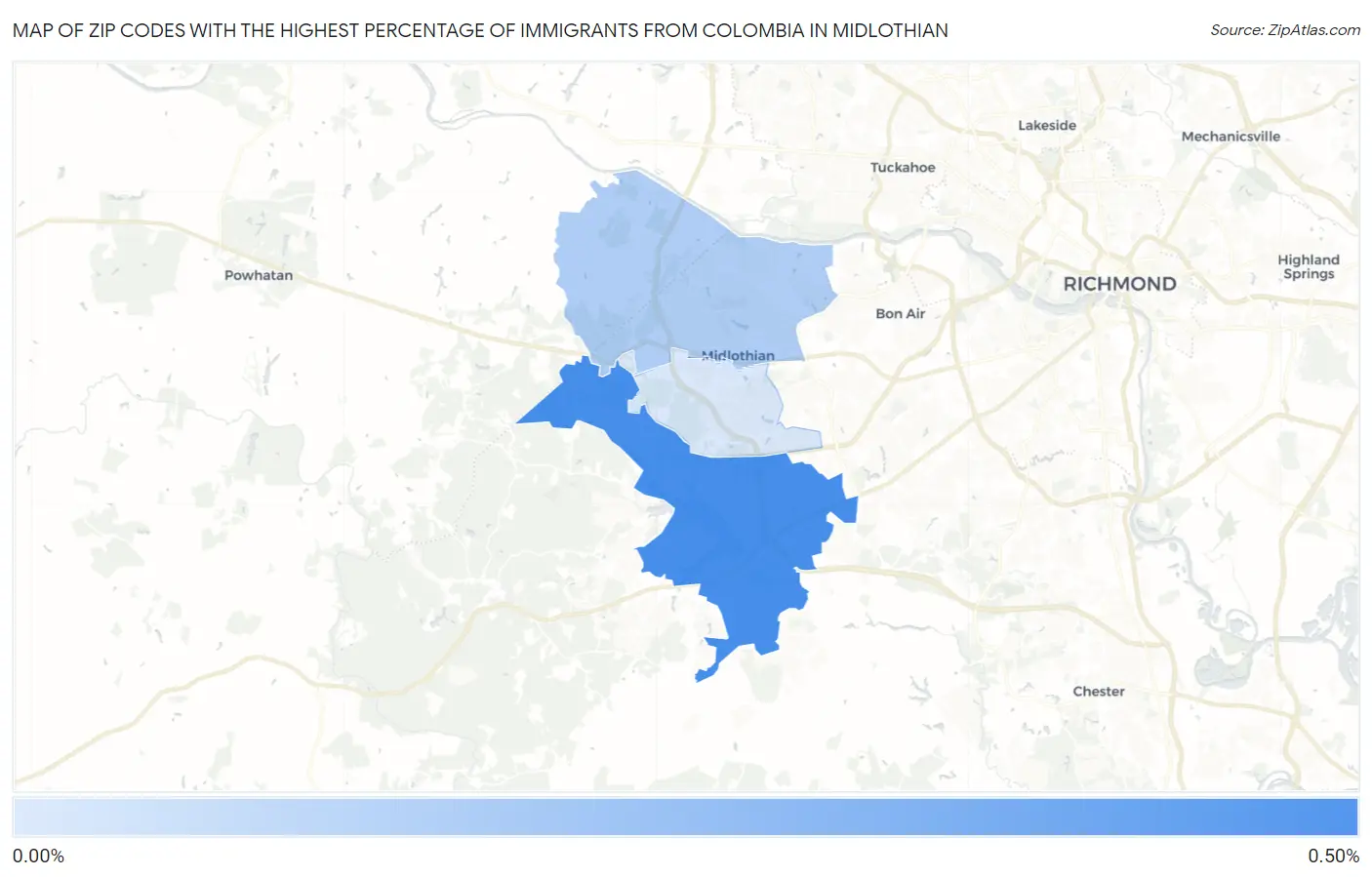 Zip Codes with the Highest Percentage of Immigrants from Colombia in Midlothian Map