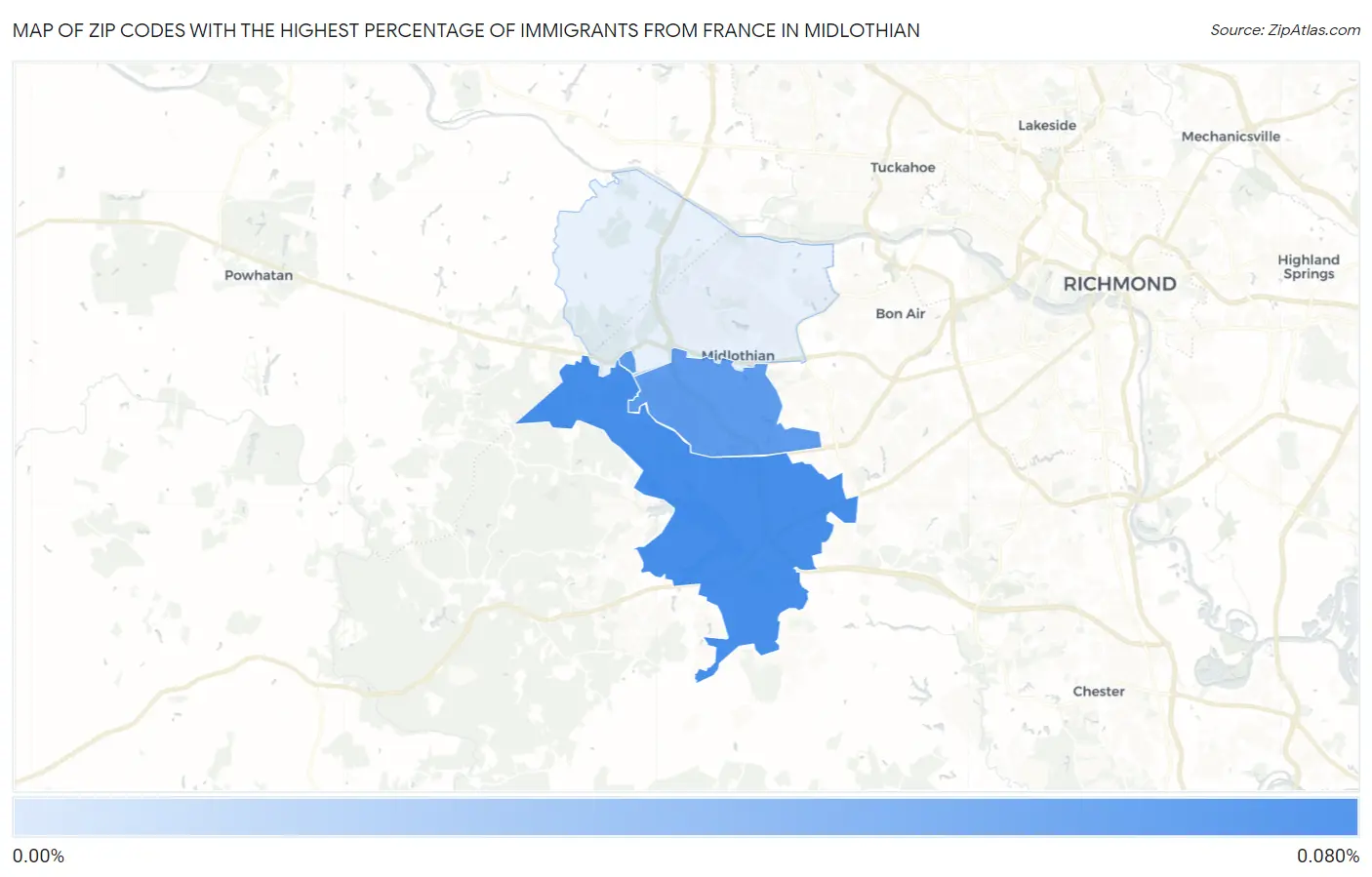 Zip Codes with the Highest Percentage of Immigrants from France in Midlothian Map