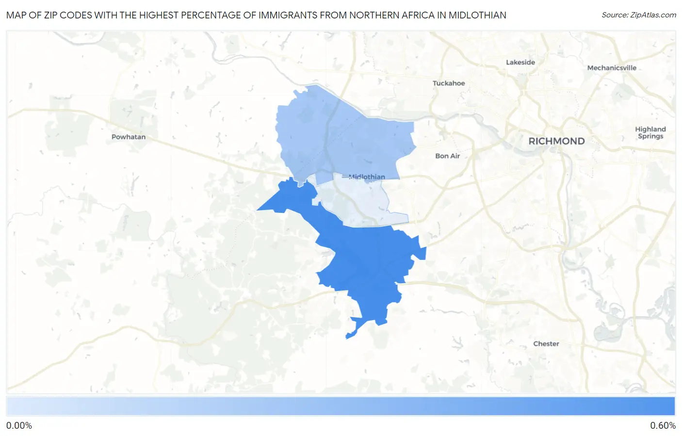 Zip Codes with the Highest Percentage of Immigrants from Northern Africa in Midlothian Map
