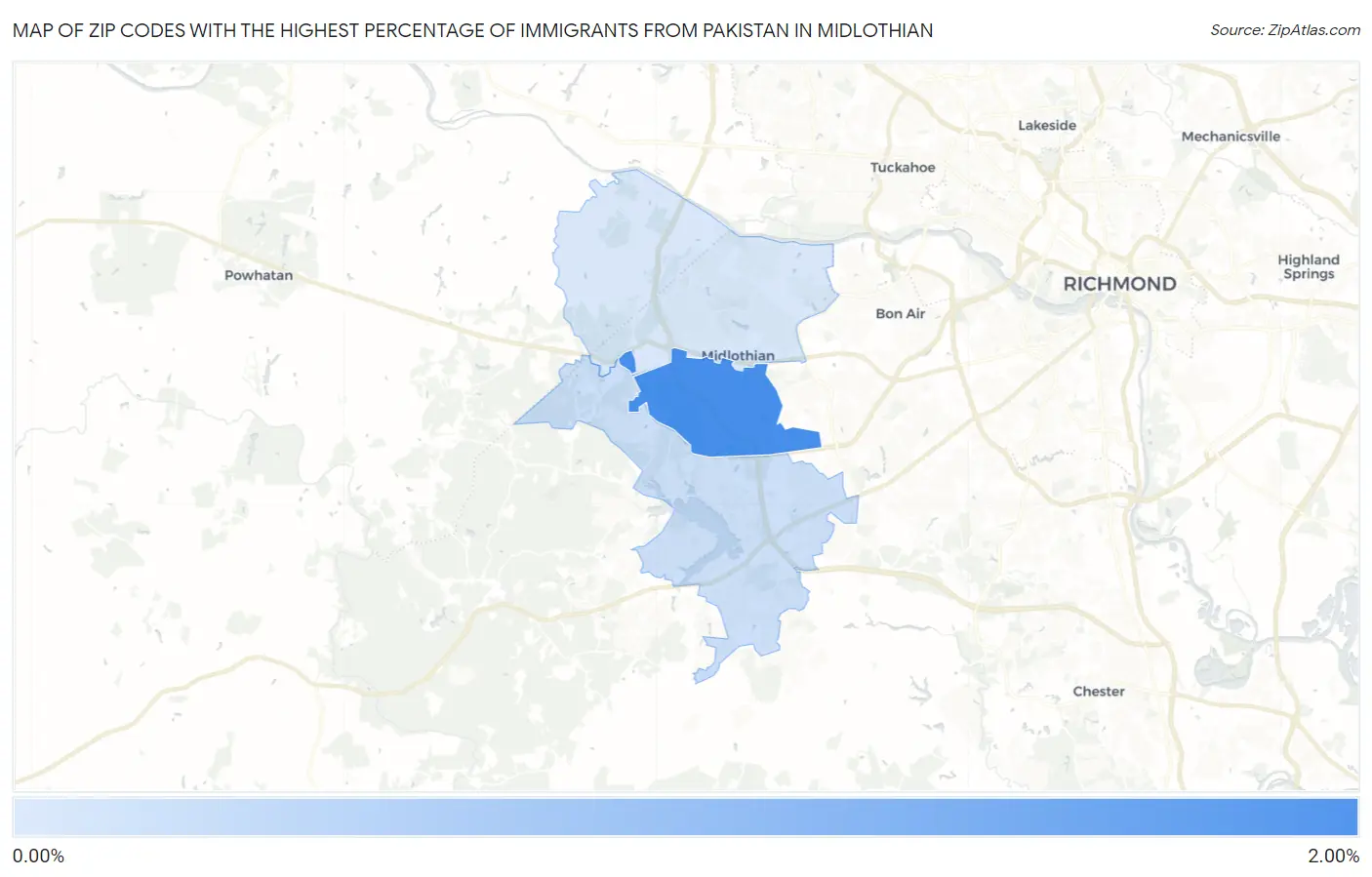 Zip Codes with the Highest Percentage of Immigrants from Pakistan in Midlothian Map