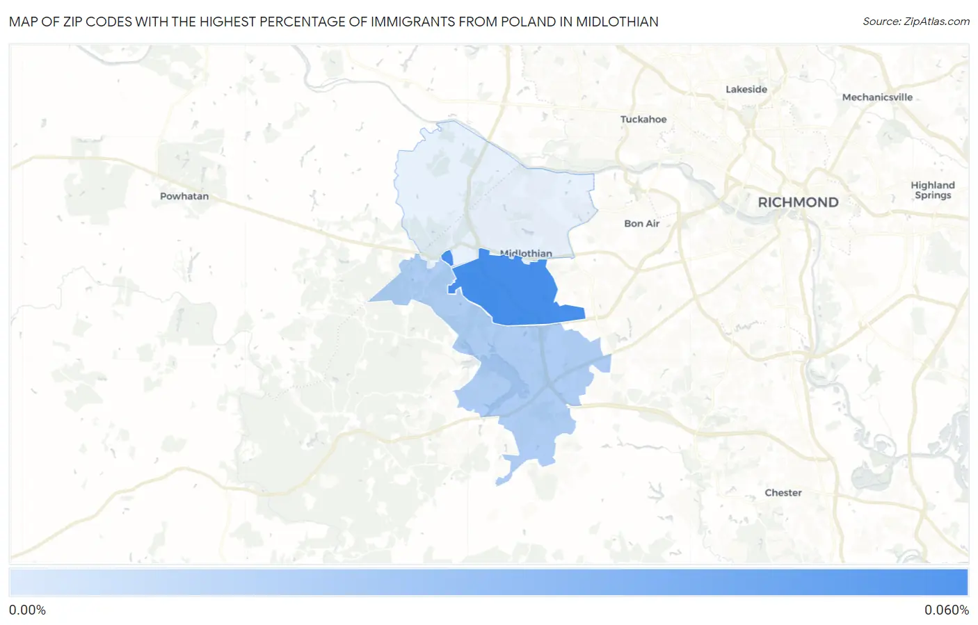 Zip Codes with the Highest Percentage of Immigrants from Poland in Midlothian Map