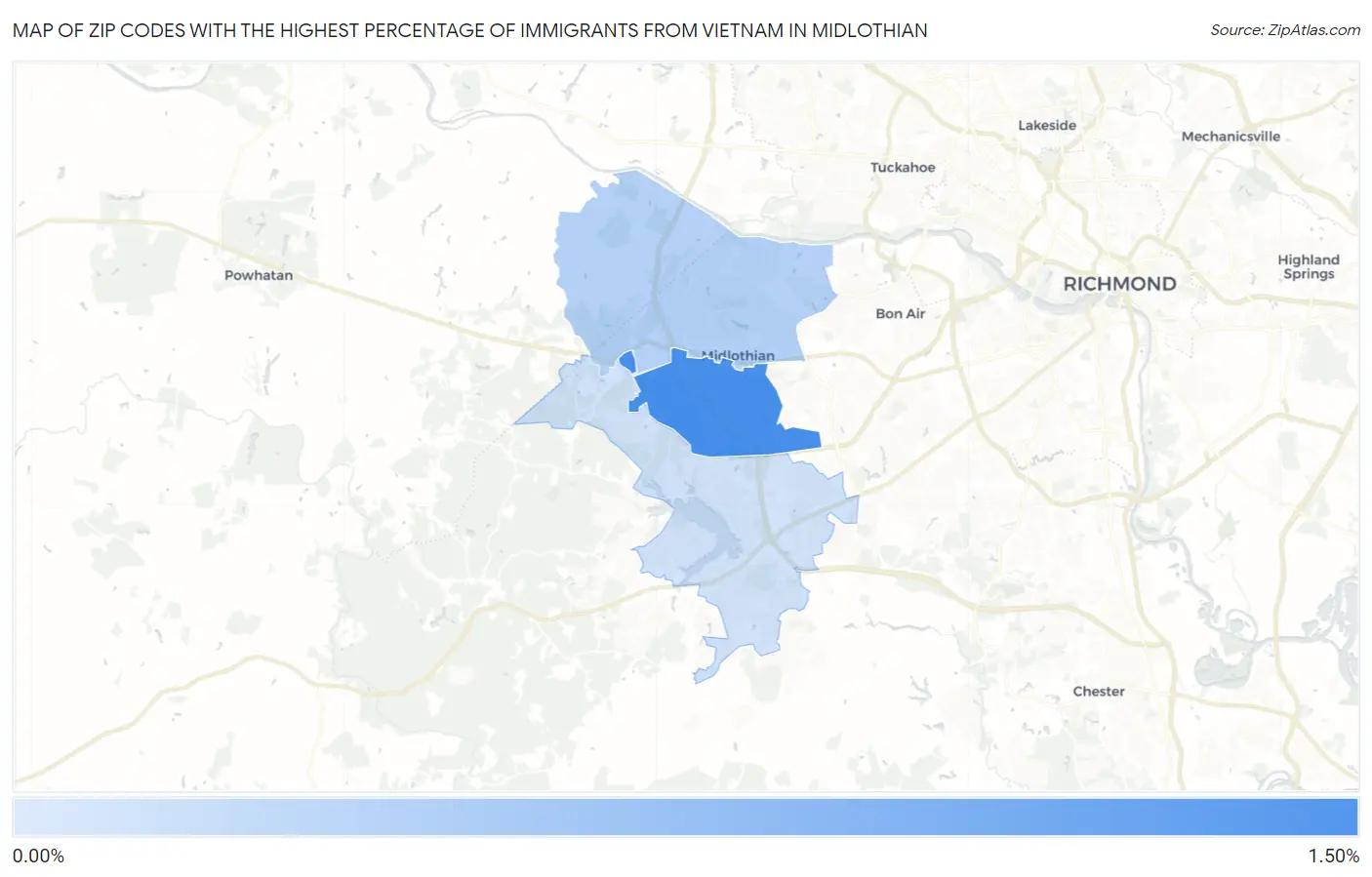Zip Codes with the Highest Percentage of Immigrants from Vietnam in Midlothian Map