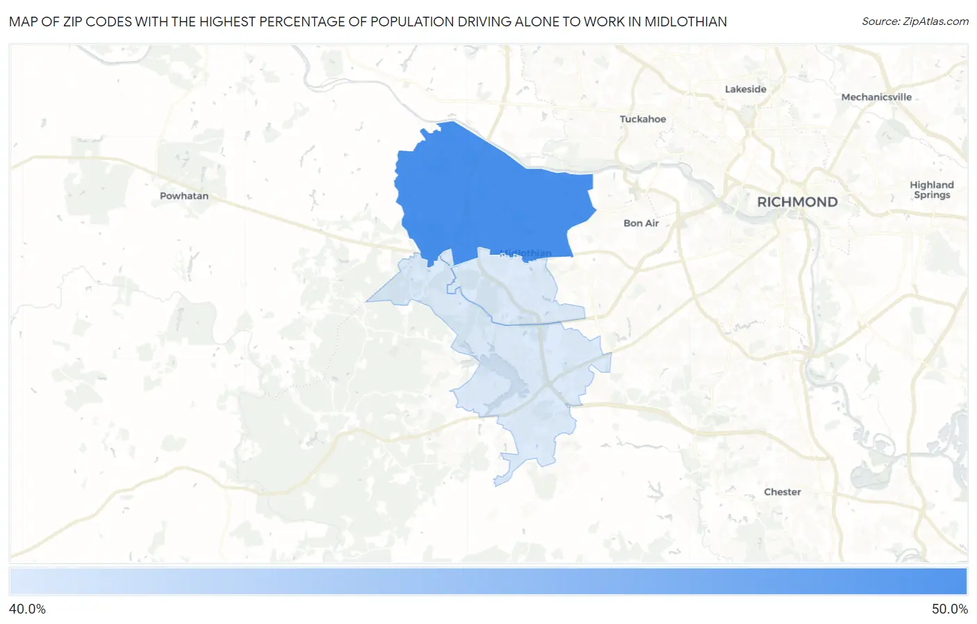 Zip Codes with the Highest Percentage of Population Driving Alone to Work in Midlothian Map