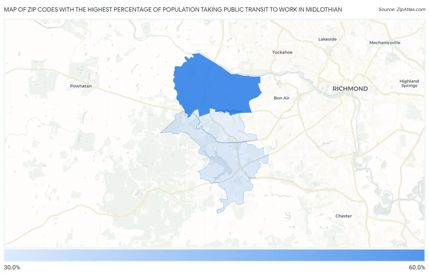 Zip Codes with the Highest Percentage of Population Taking Public Transit to Work in Midlothian Map