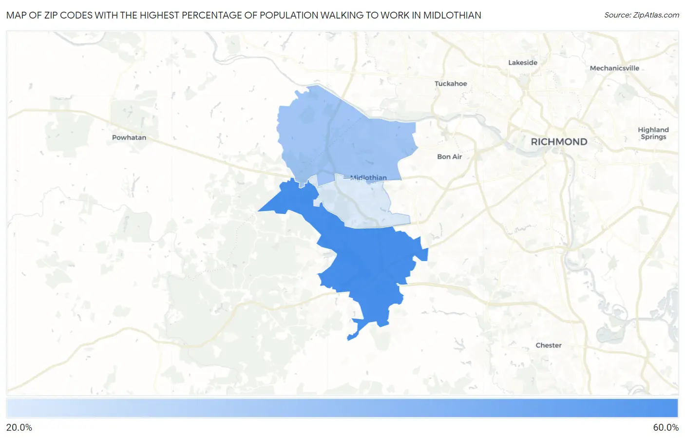 Zip Codes with the Highest Percentage of Population Walking to Work in Midlothian Map