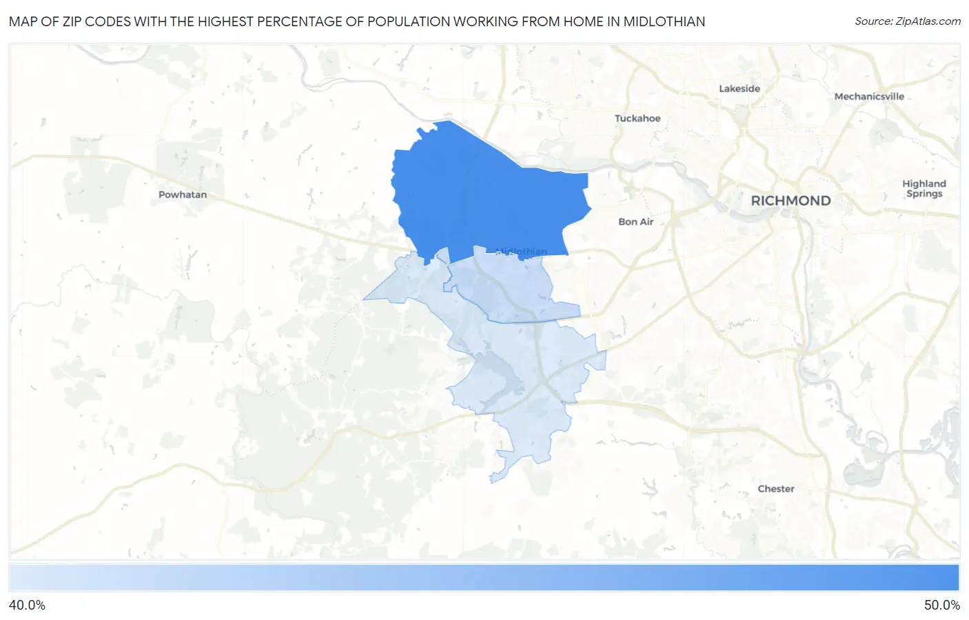 Zip Codes with the Highest Percentage of Population Working from Home in Midlothian Map