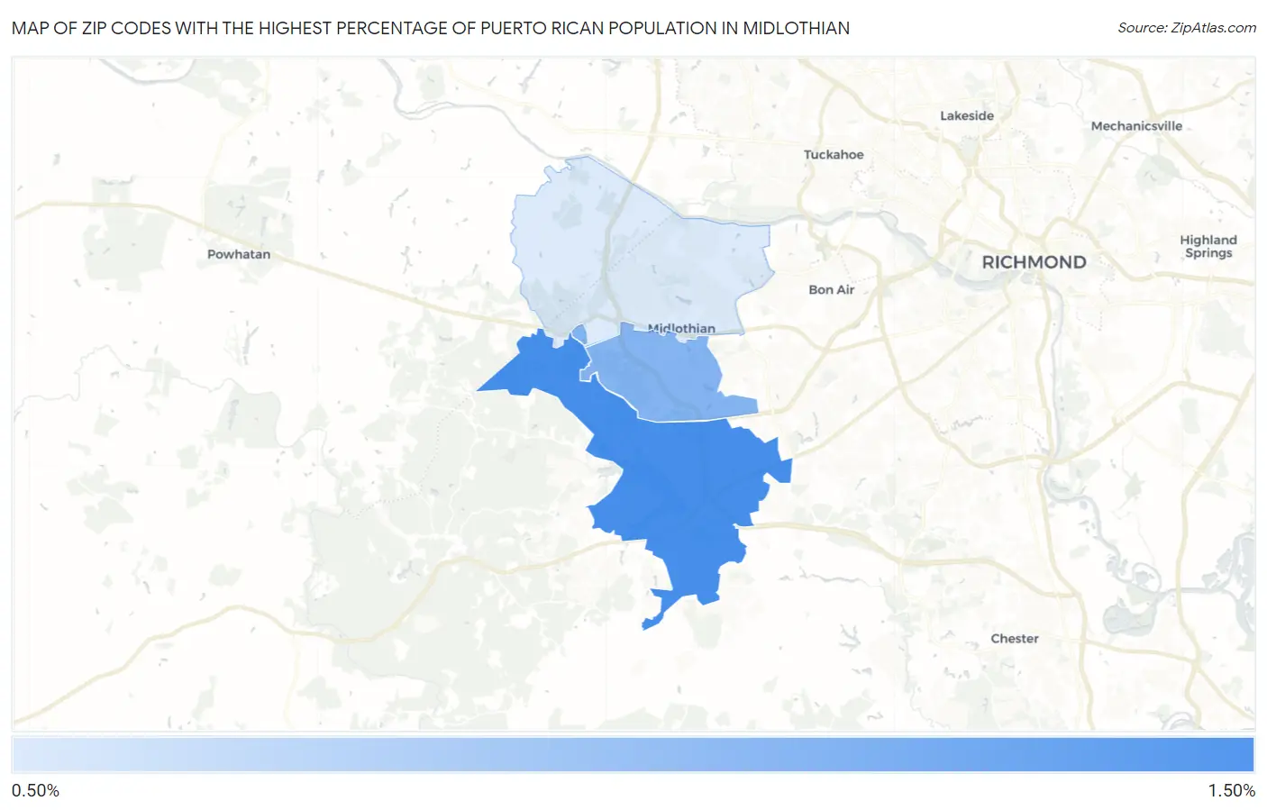 Zip Codes with the Highest Percentage of Puerto Rican Population in Midlothian Map