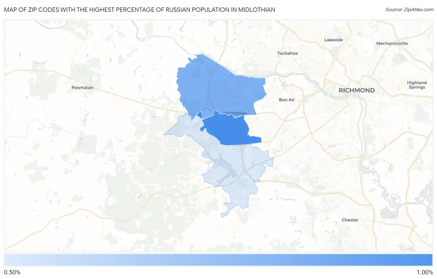 Zip Codes with the Highest Percentage of Russian Population in Midlothian Map