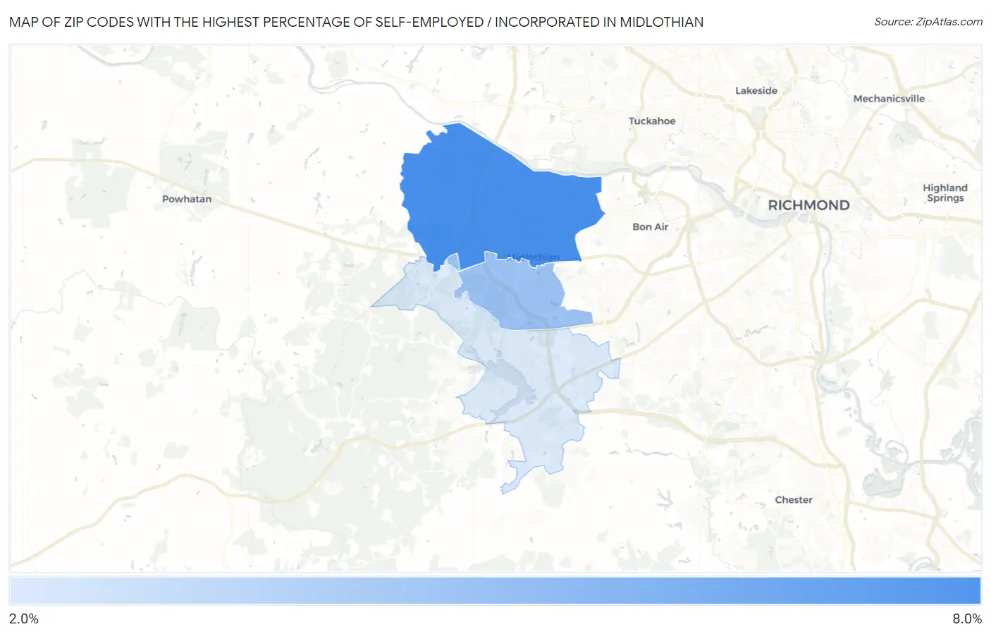 Zip Codes with the Highest Percentage of Self-Employed / Incorporated in Midlothian Map