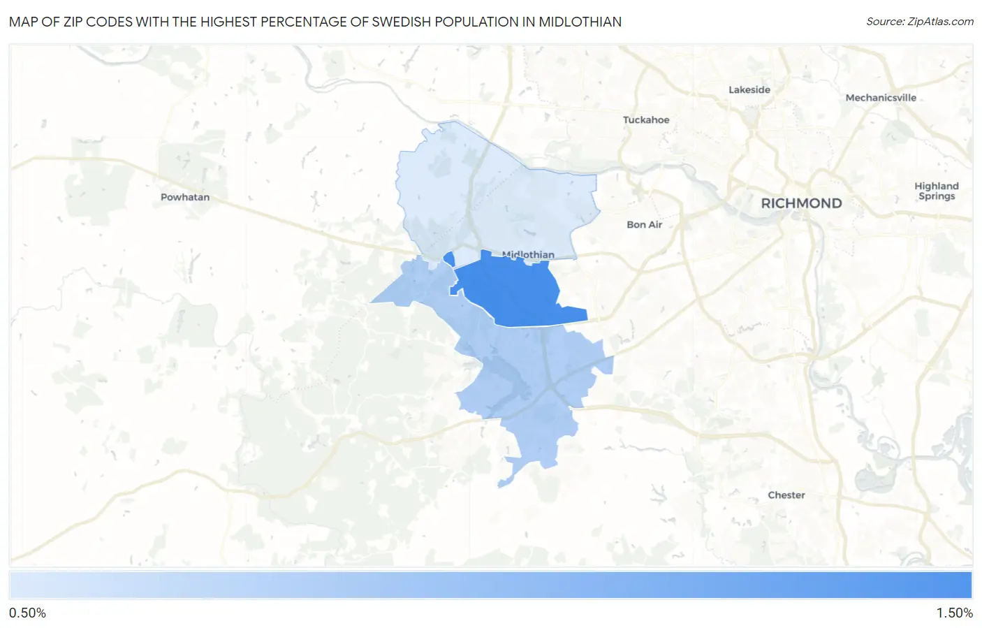 Zip Codes with the Highest Percentage of Swedish Population in Midlothian Map