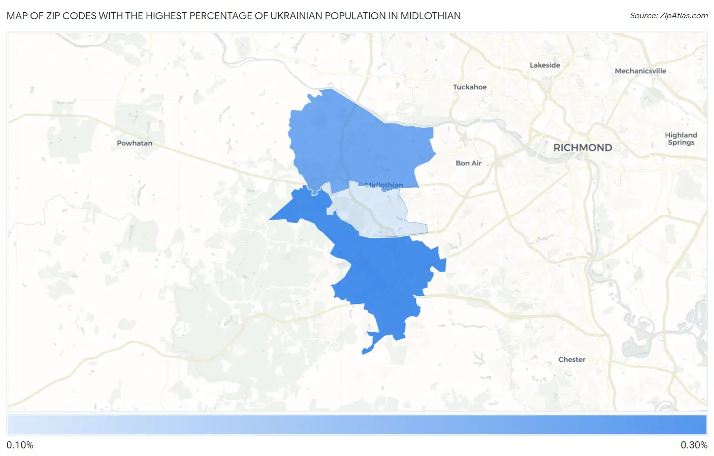 Zip Codes with the Highest Percentage of Ukrainian Population in Midlothian Map