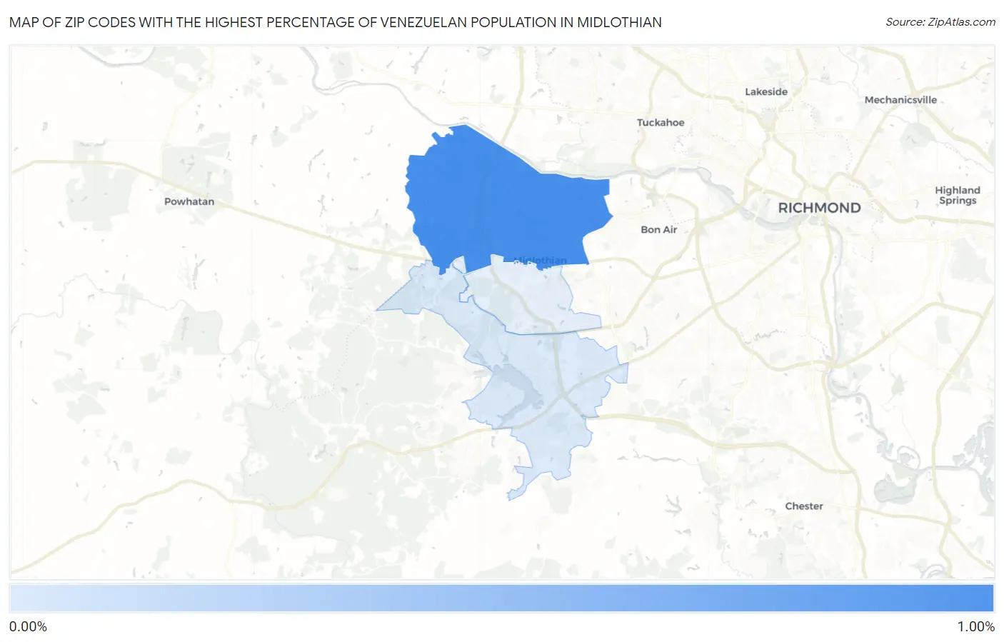 Zip Codes with the Highest Percentage of Venezuelan Population in Midlothian Map