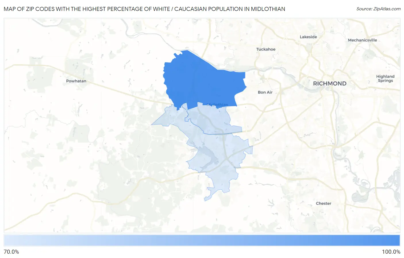 Zip Codes with the Highest Percentage of White / Caucasian Population in Midlothian Map