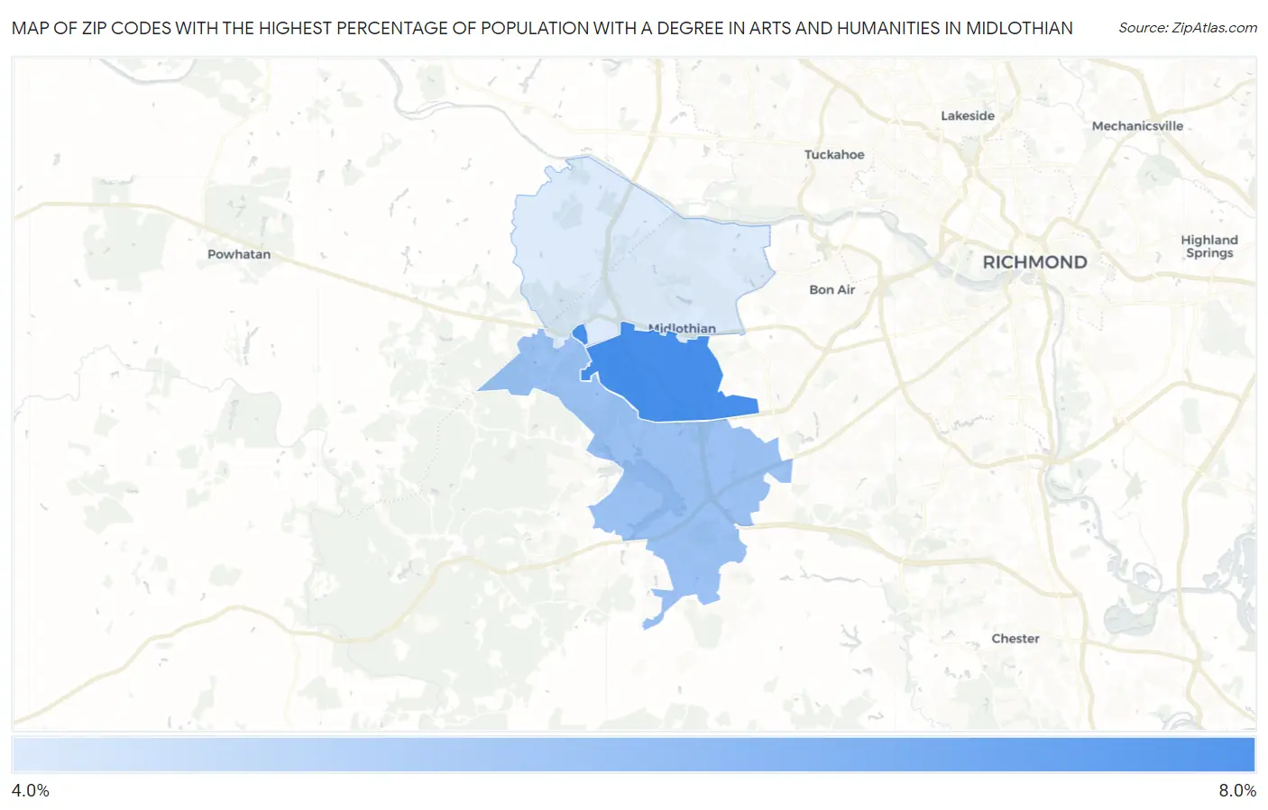 Zip Codes with the Highest Percentage of Population with a Degree in Arts and Humanities in Midlothian Map
