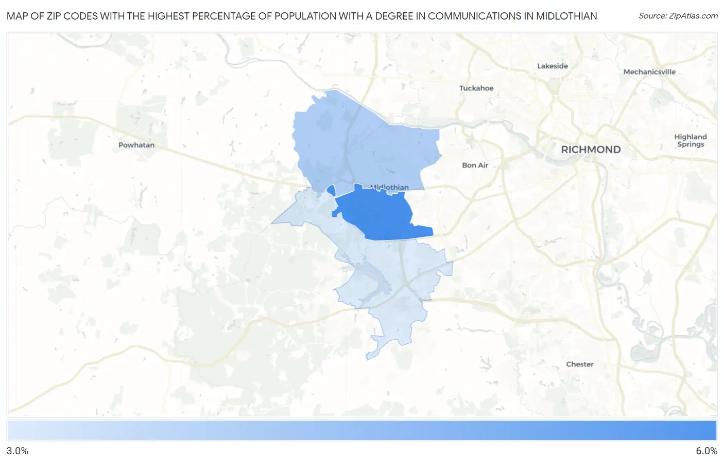 Zip Codes with the Highest Percentage of Population with a Degree in Communications in Midlothian Map