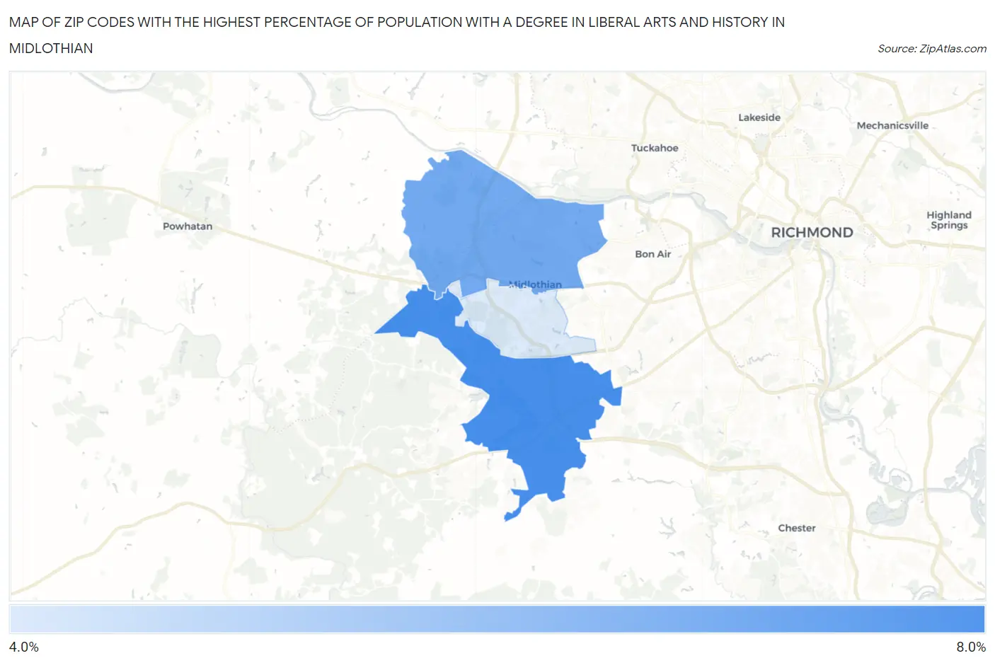 Zip Codes with the Highest Percentage of Population with a Degree in Liberal Arts and History in Midlothian Map