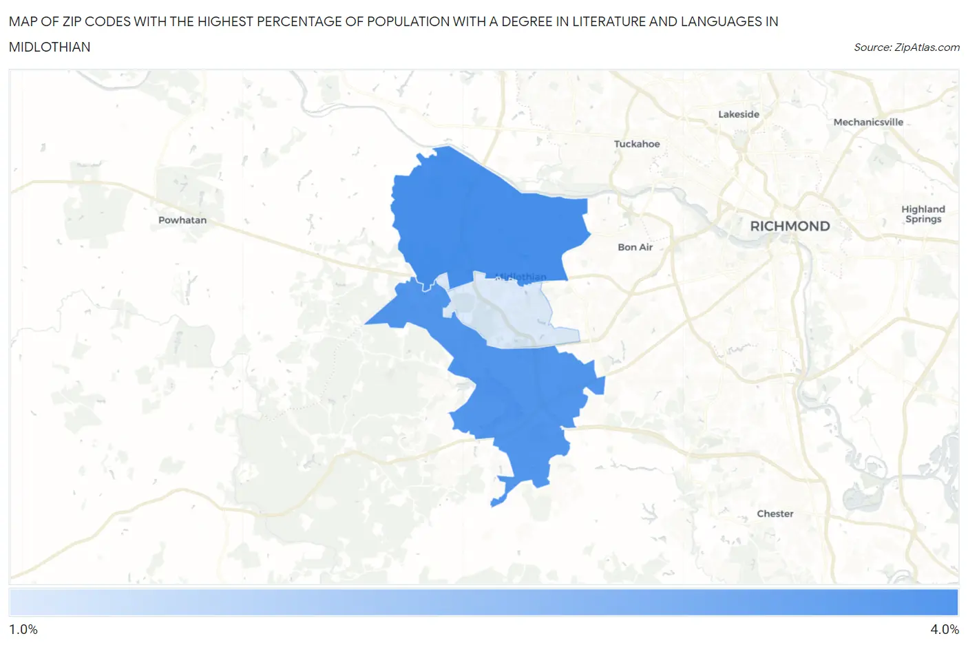 Zip Codes with the Highest Percentage of Population with a Degree in Literature and Languages in Midlothian Map