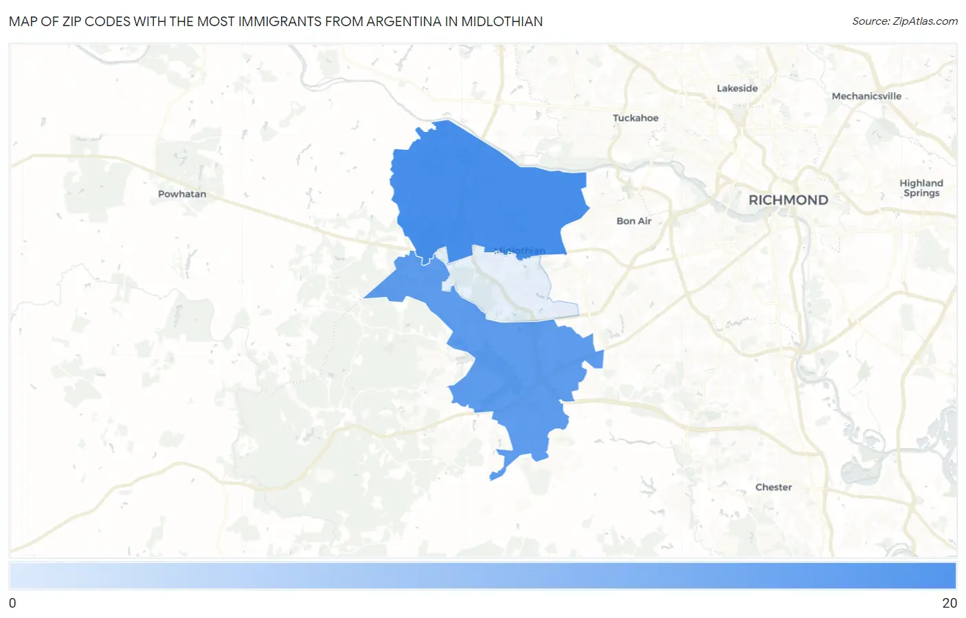 Zip Codes with the Most Immigrants from Argentina in Midlothian Map