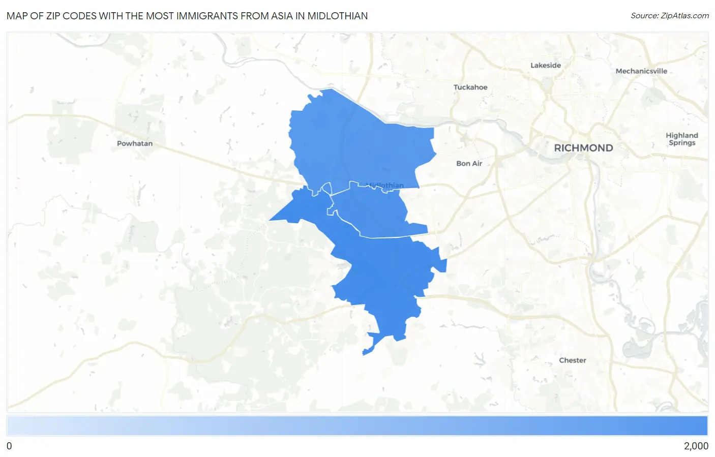 Zip Codes with the Most Immigrants from Asia in Midlothian Map