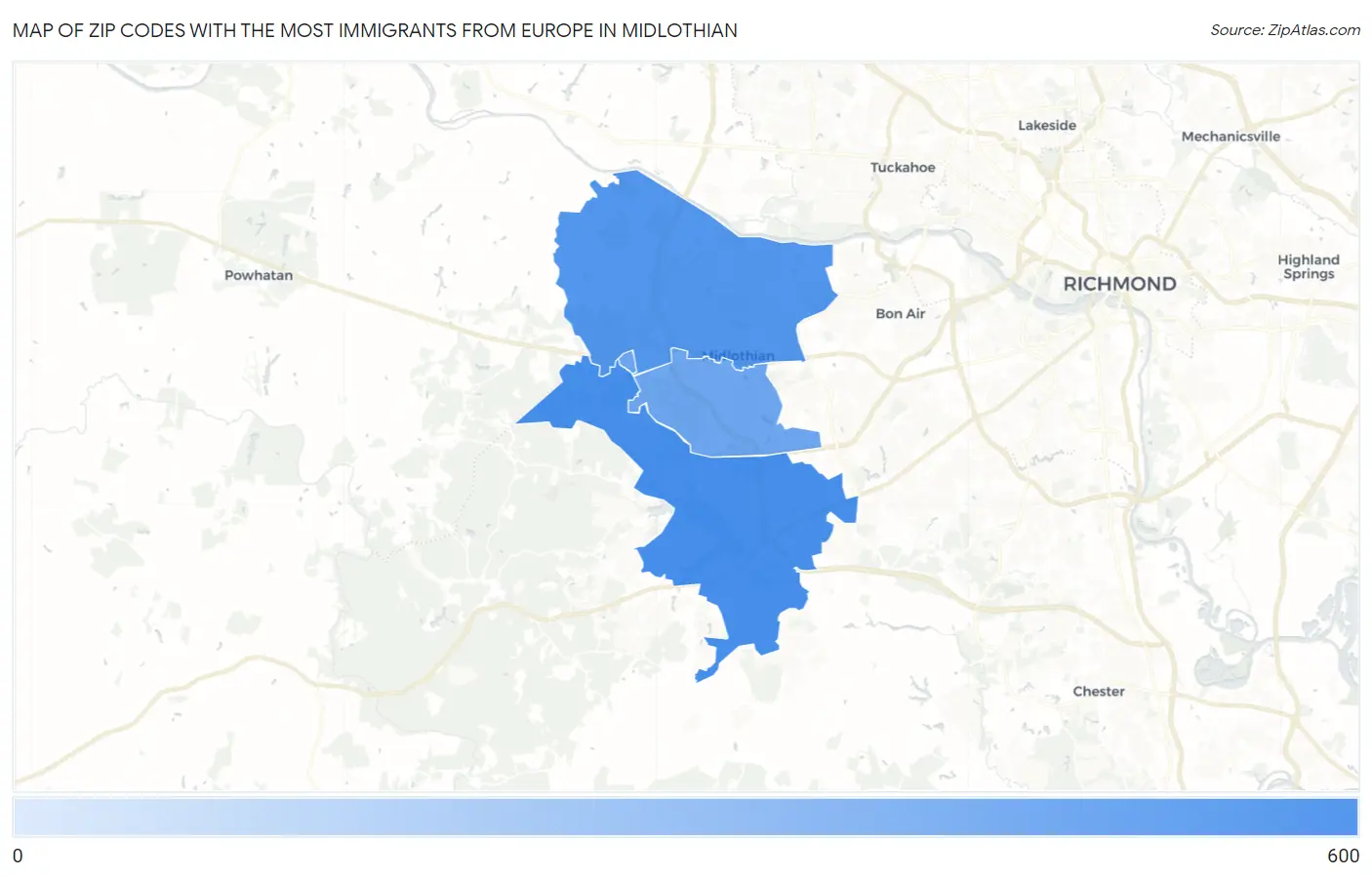 Zip Codes with the Most Immigrants from Europe in Midlothian Map