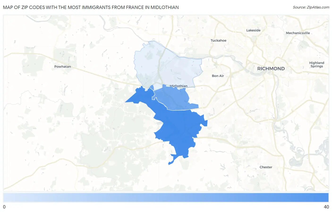 Zip Codes with the Most Immigrants from France in Midlothian Map