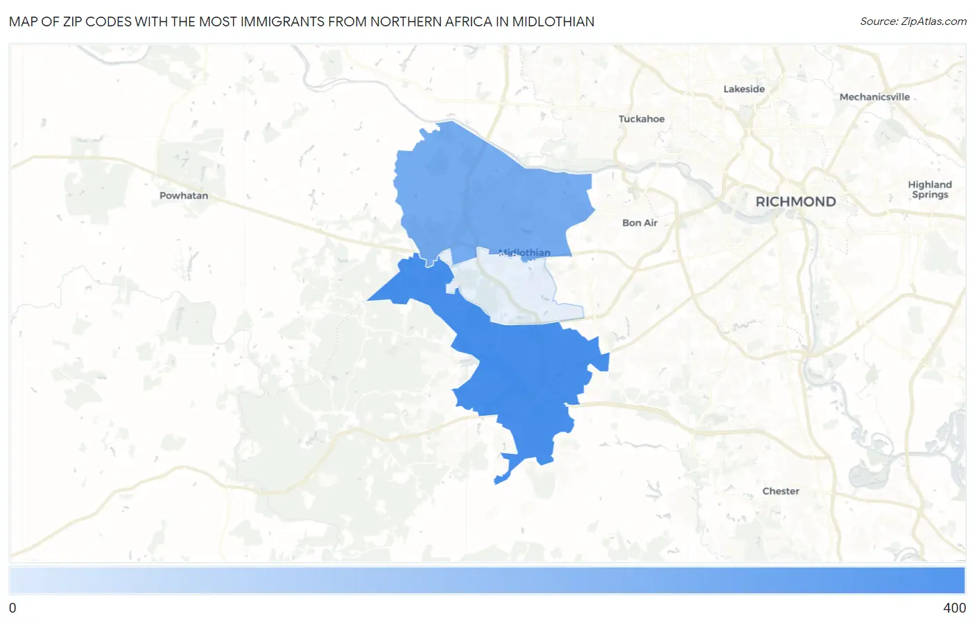 Zip Codes with the Most Immigrants from Northern Africa in Midlothian Map