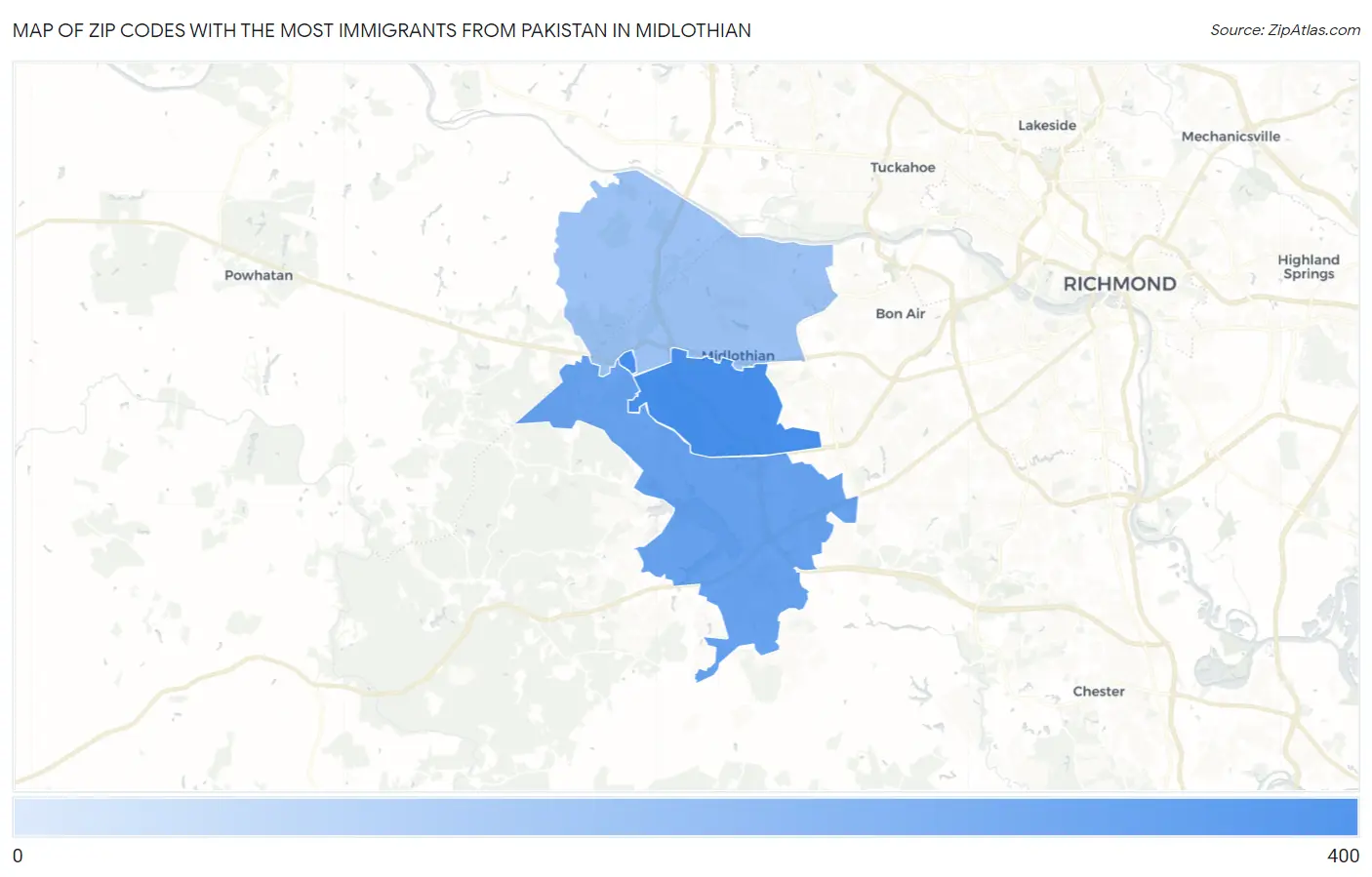 Zip Codes with the Most Immigrants from Pakistan in Midlothian Map