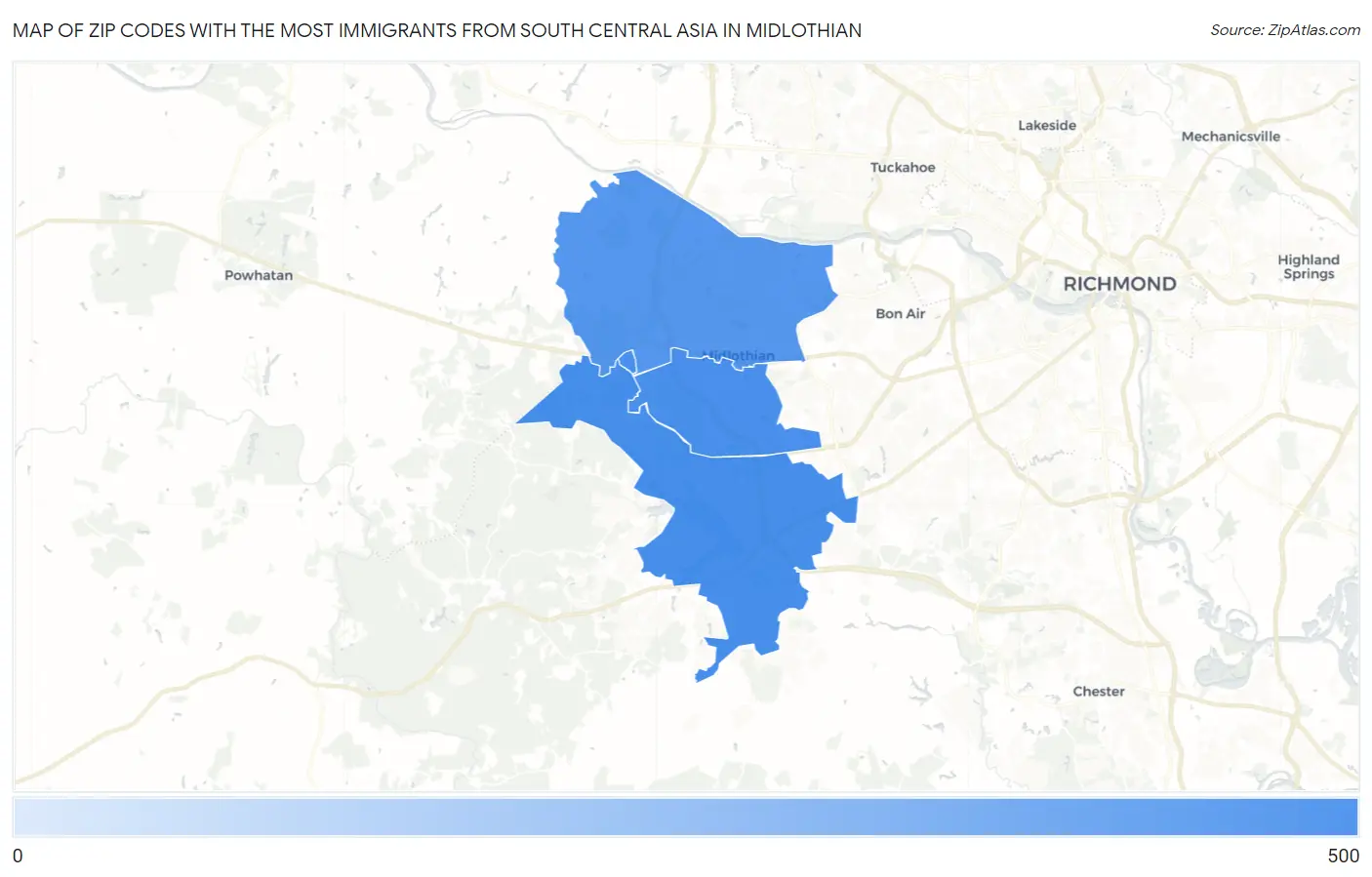 Zip Codes with the Most Immigrants from South Central Asia in Midlothian Map