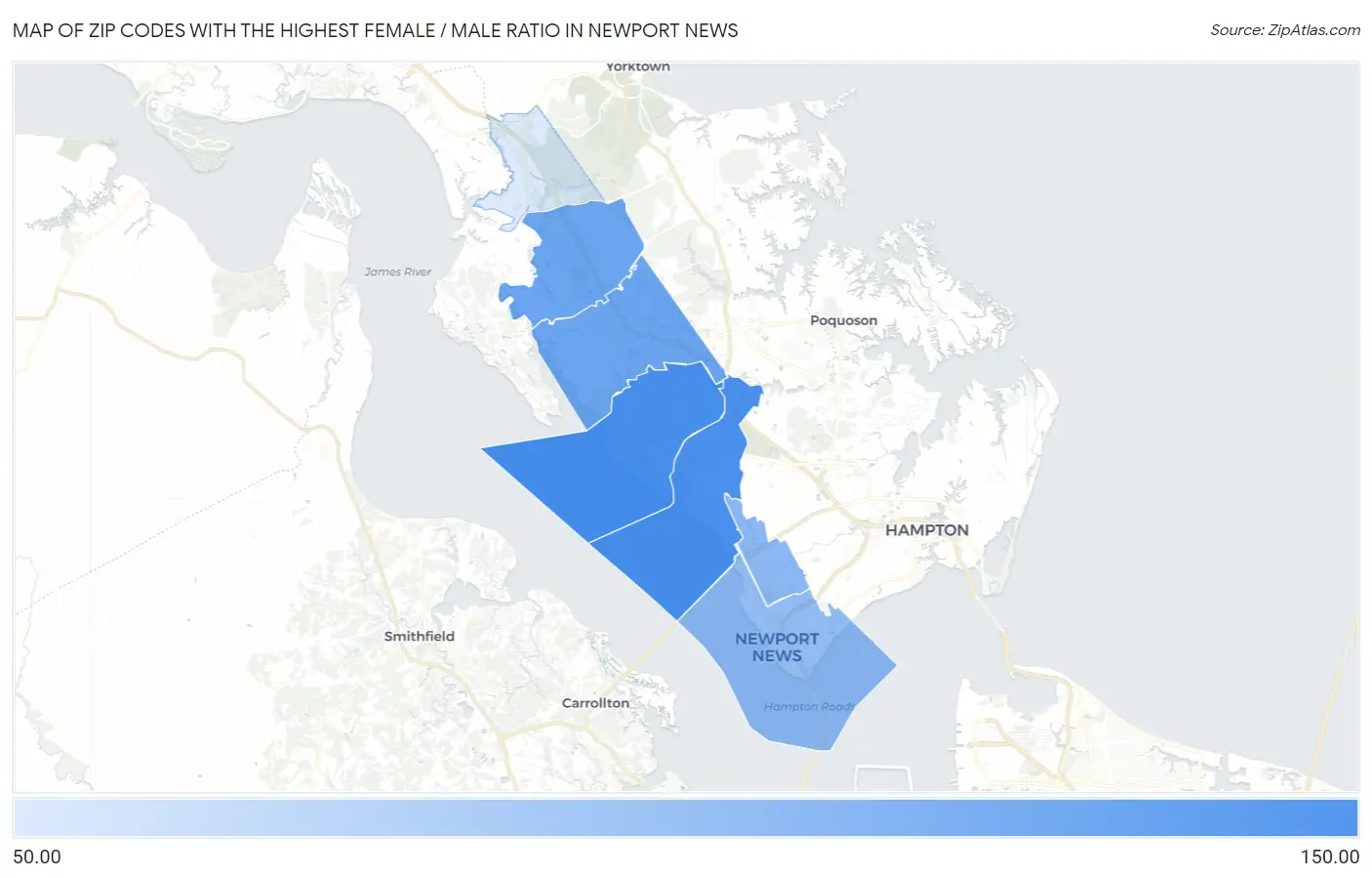 Zip Codes with the Highest Female / Male Ratio in Newport News Map