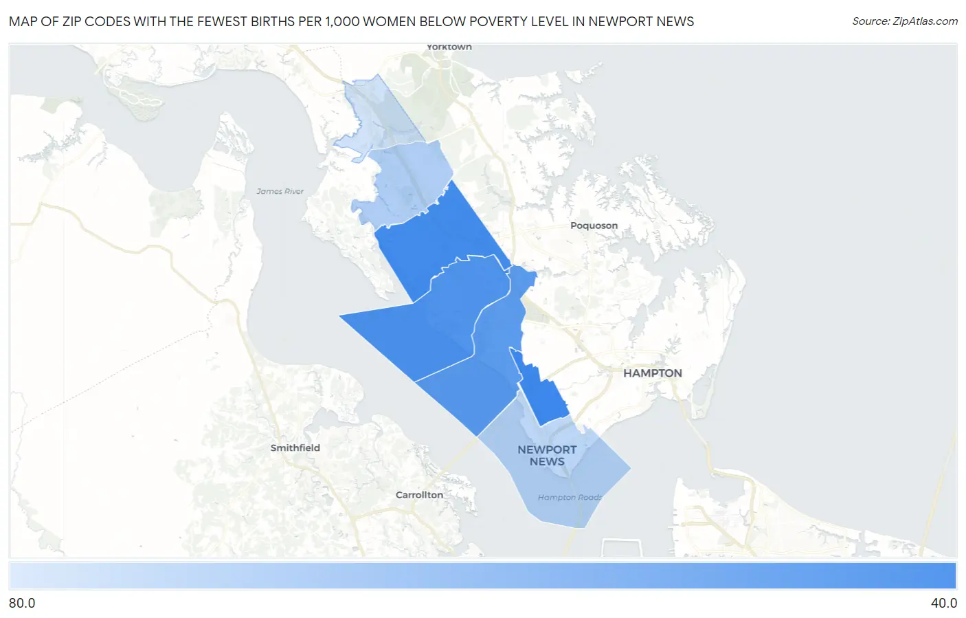 Zip Codes with the Fewest Births per 1,000 Women Below Poverty Level in Newport News Map