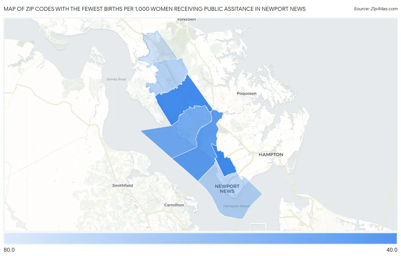 Zip Codes with the Fewest Births per 1,000 Women Receiving Public Assitance in Newport News Map