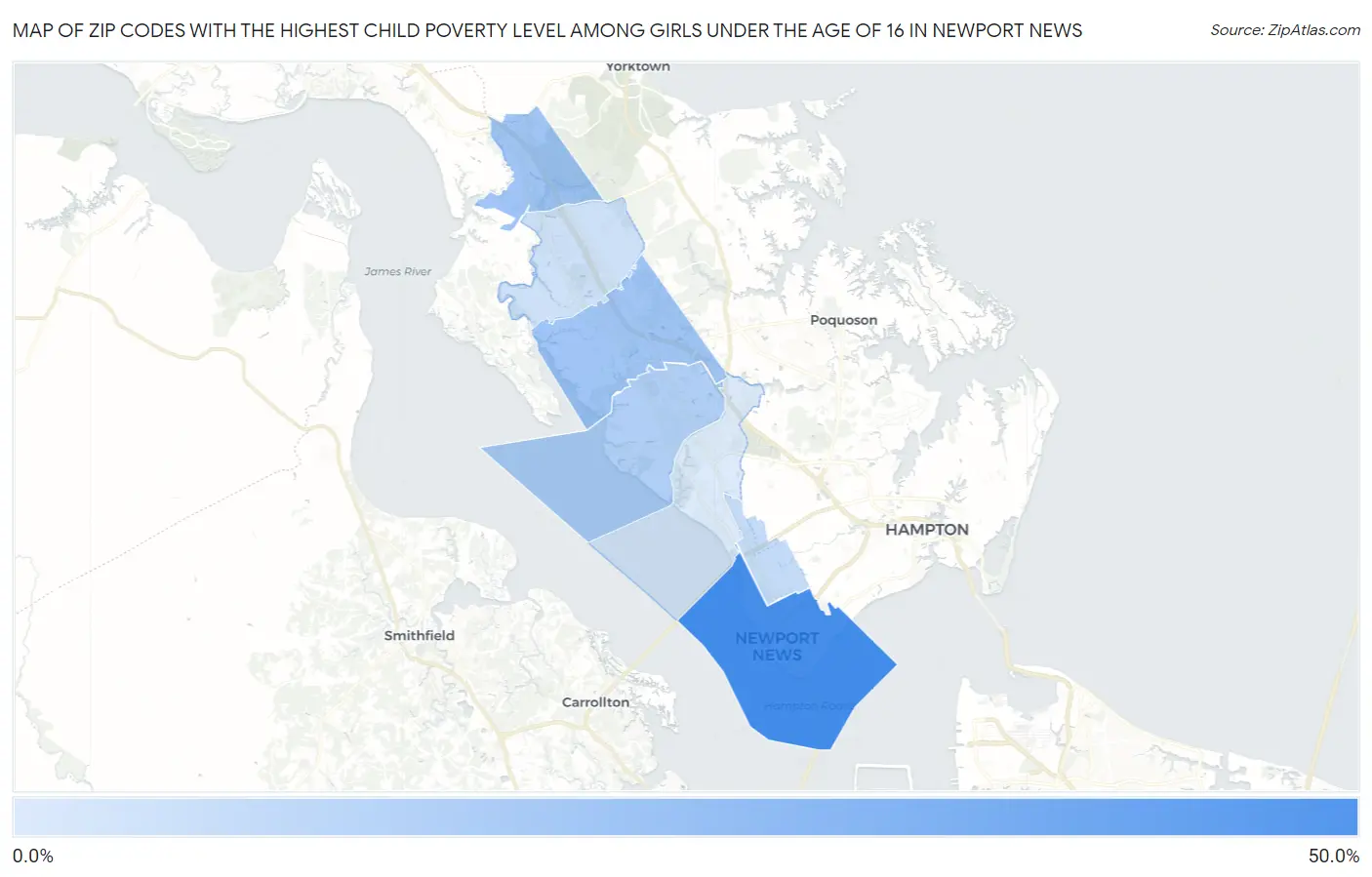 Zip Codes with the Highest Child Poverty Level Among Girls Under the Age of 16 in Newport News Map