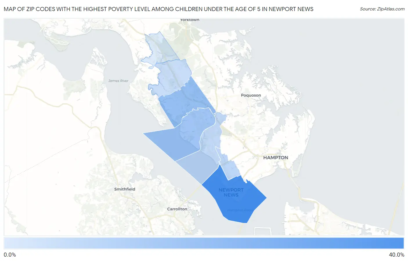 Zip Codes with the Highest Poverty Level Among Children Under the Age of 5 in Newport News Map