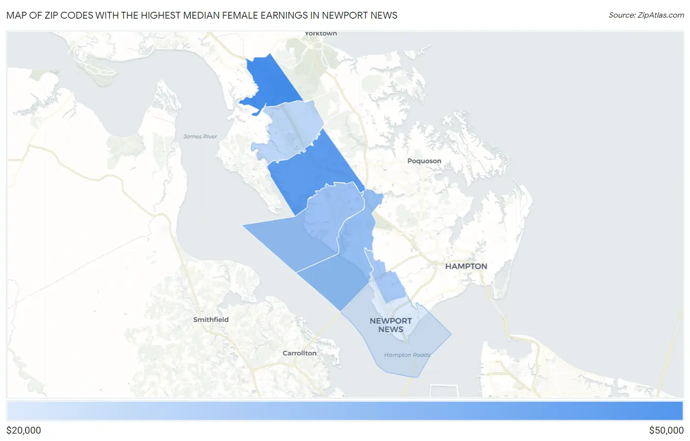 Zip Codes with the Highest Median Female Earnings in Newport News Map