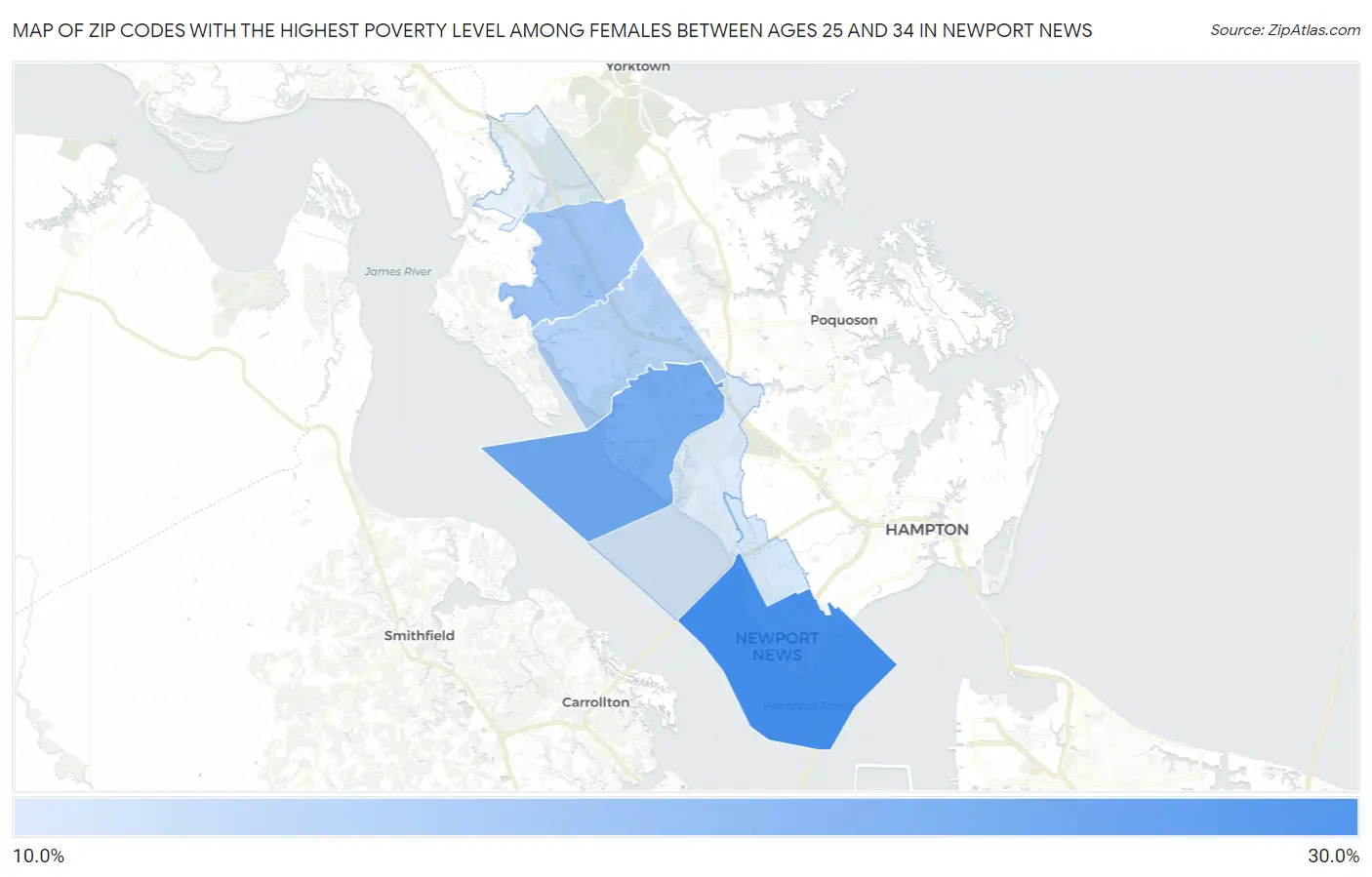 Zip Codes with the Highest Poverty Level Among Females Between Ages 25 and 34 in Newport News Map