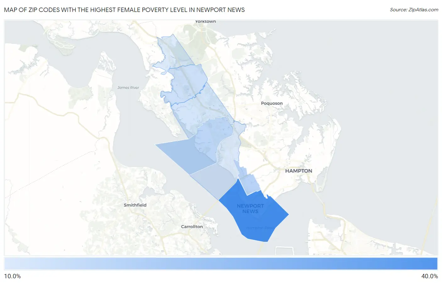 Zip Codes with the Highest Female Poverty Level in Newport News Map