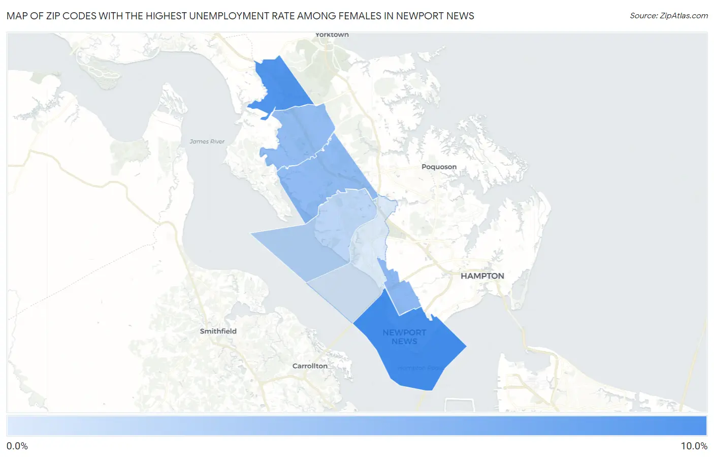 Zip Codes with the Highest Unemployment Rate Among Females in Newport News Map