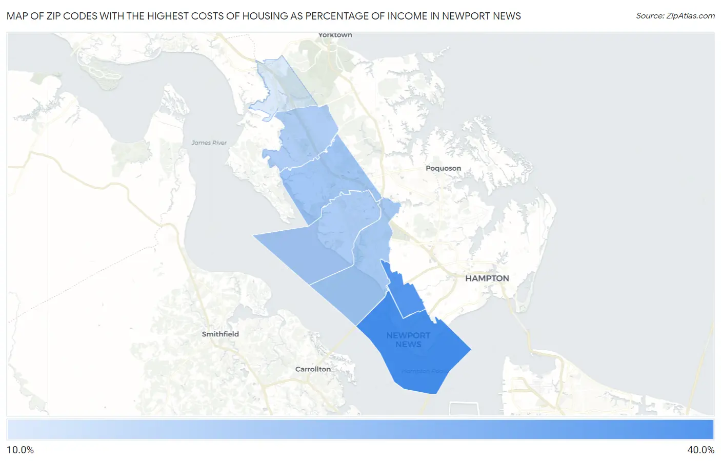 Zip Codes with the Highest Costs of Housing as Percentage of Income in Newport News Map