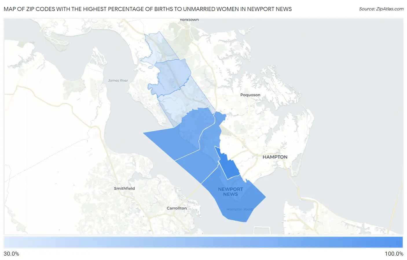 Zip Codes with the Highest Percentage of Births to Unmarried Women in Newport News Map