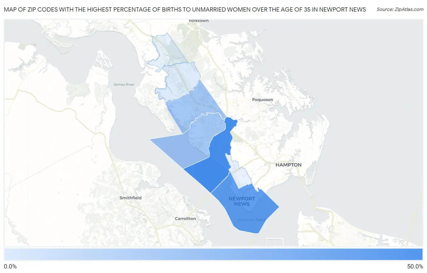 Zip Codes with the Highest Percentage of Births to Unmarried Women over the Age of 35 in Newport News Map