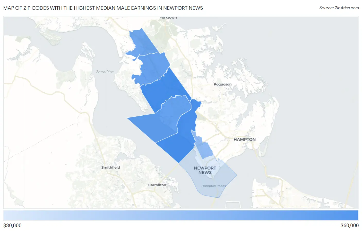 Zip Codes with the Highest Median Male Earnings in Newport News Map