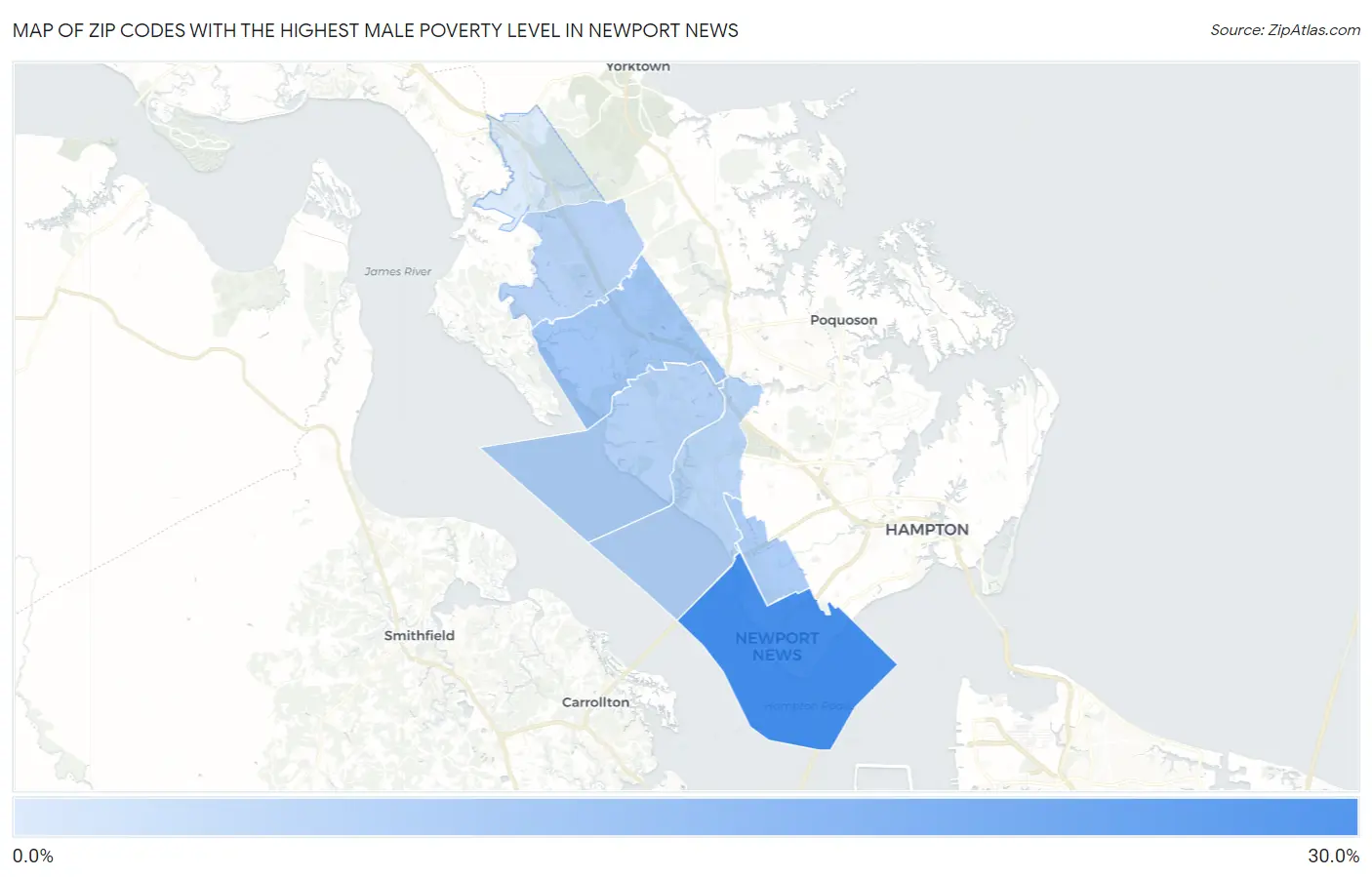 Zip Codes with the Highest Male Poverty Level in Newport News Map