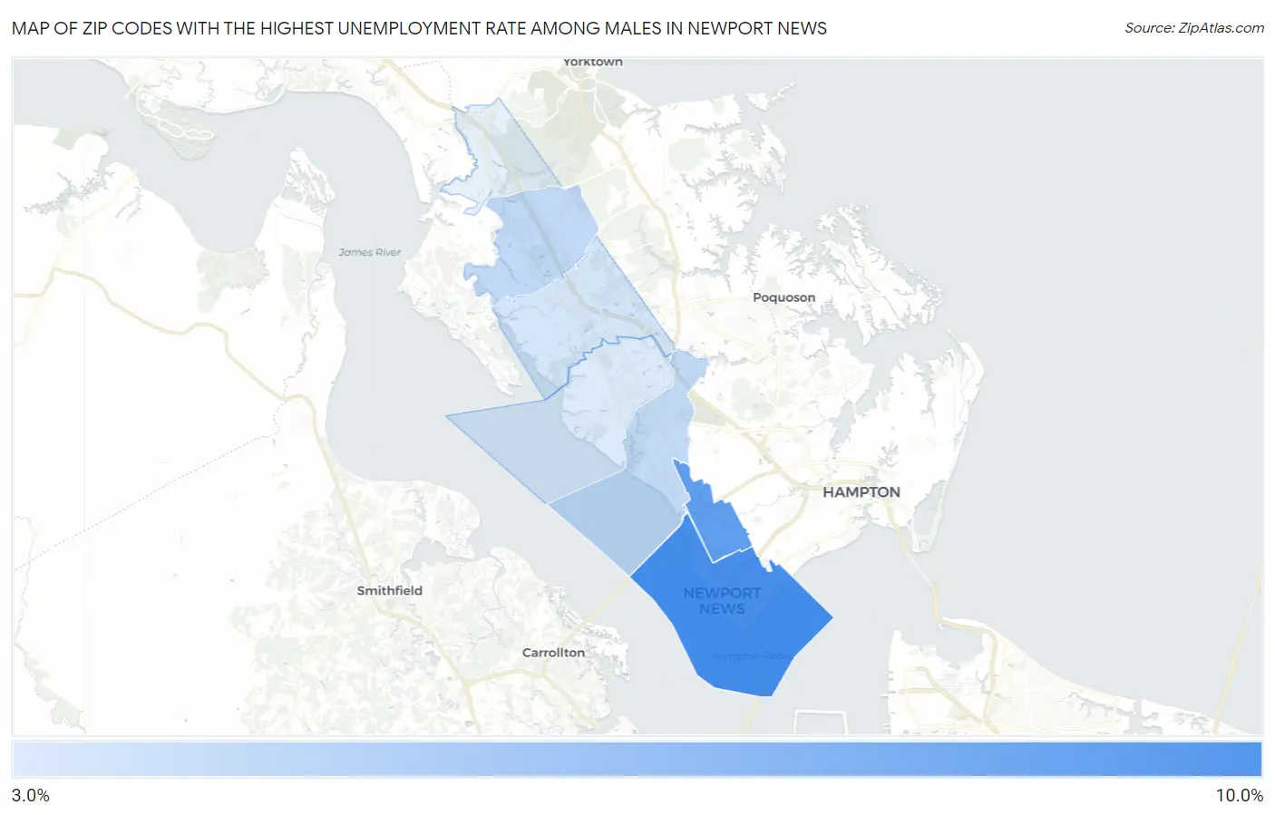 Zip Codes with the Highest Unemployment Rate Among Males in Newport News Map