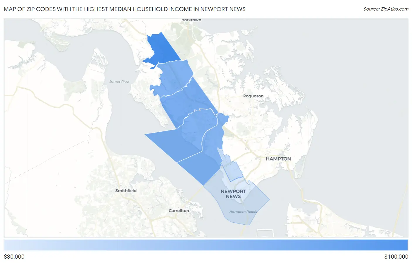 Zip Codes with the Highest Median Household Income in Newport News Map