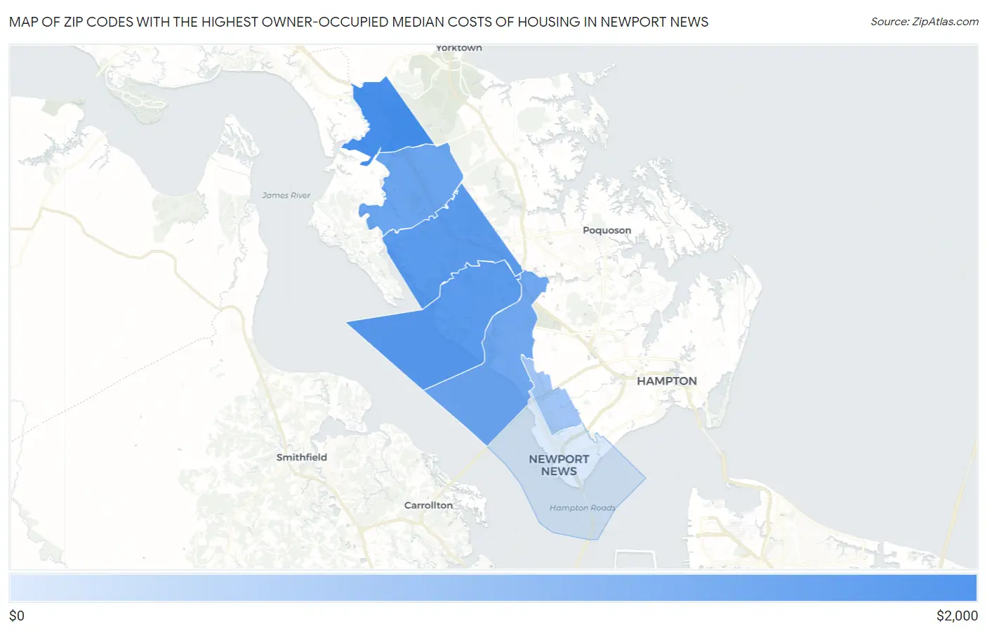 Zip Codes with the Highest Owner-Occupied Median Costs of Housing in Newport News Map